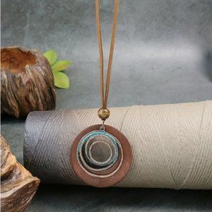 Boho Copper Colored & Wood Longer Necklace with Leather Cord